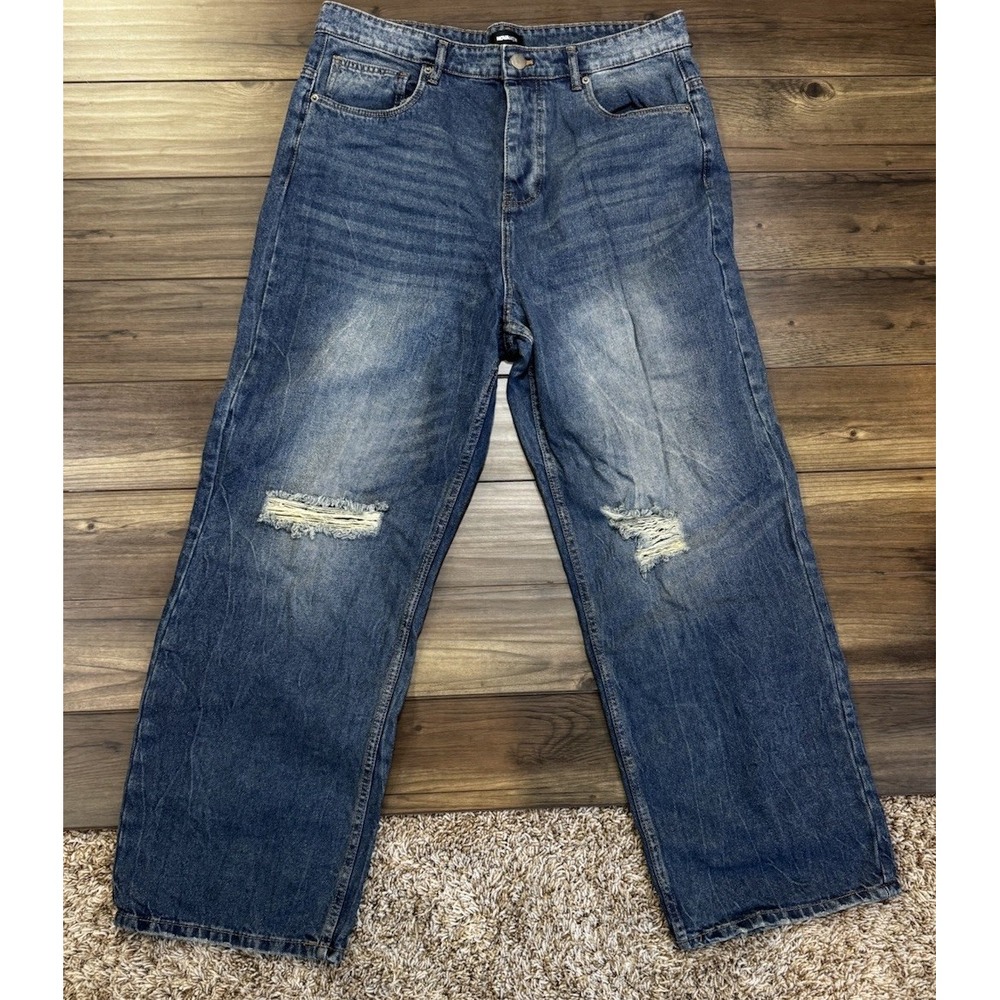 Nova Men's 36x32 Baggy Skater Distressed Jeans Blue Button Fly Denim Grunge